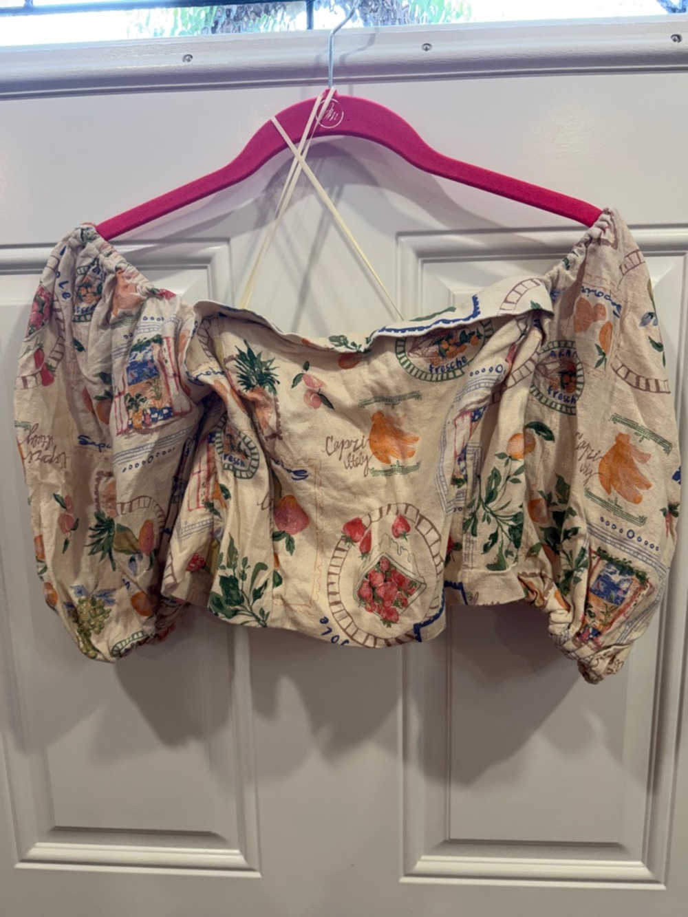 Abercrombie & Fitch Cream Floral & Fruit Off-Shoulder Puff Sleeve Crop Top